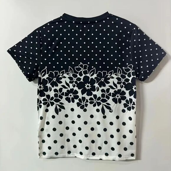 Black White Floral Polka Dot Patterned T-Shirt Sophisticated Chic - Sz 12 - Picture 2 of 4